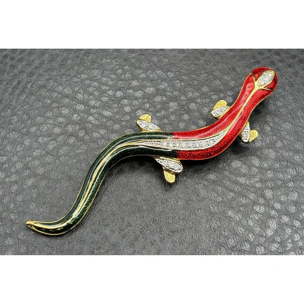 Vintage Red Green Enamel Rhinestone Crystal Lizard Salamander Brooch Pin